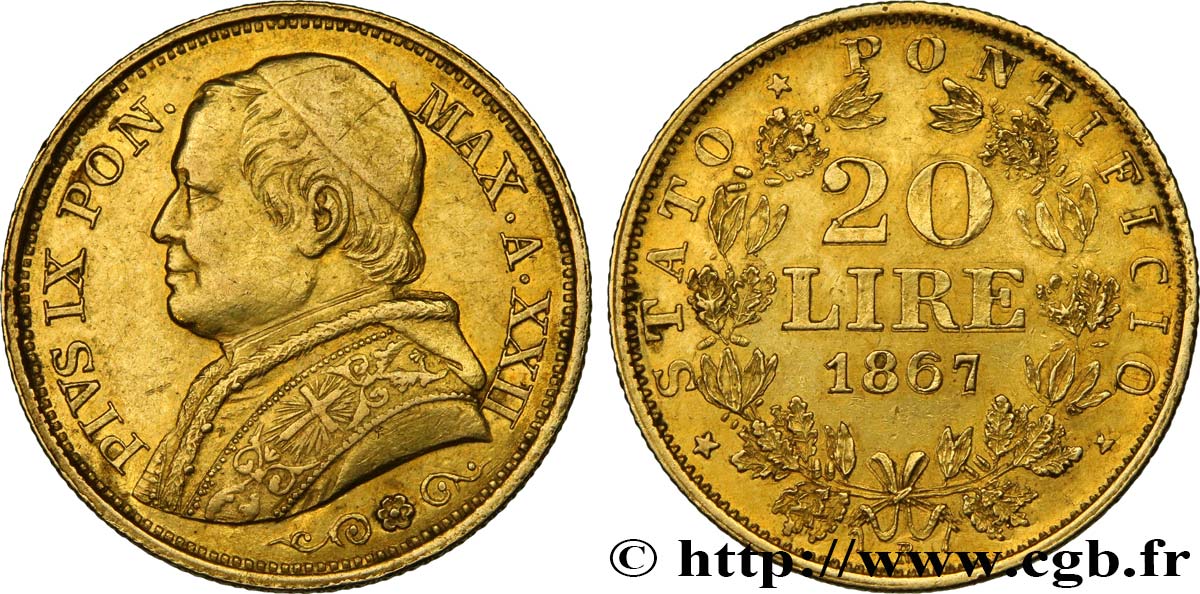 VATICAN AND PAPAL STATES 20 Lire Pie IX année XXII 1867 Rome AU 
