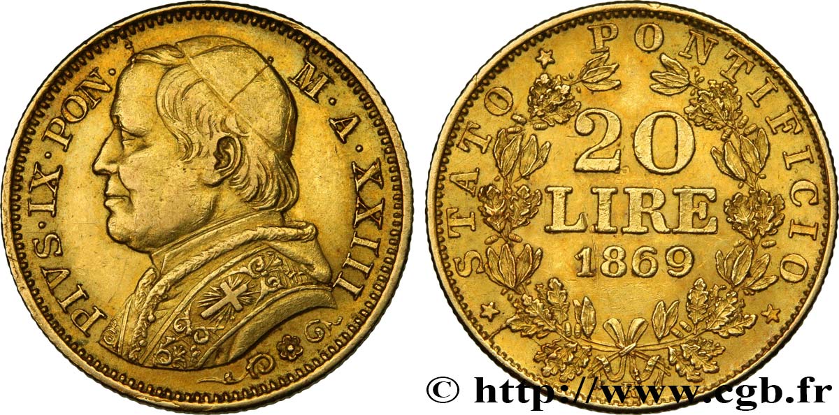 VATICAN AND PAPAL STATES 20 Lire Pie IX an XXIII 1869 Rome XF/AU 