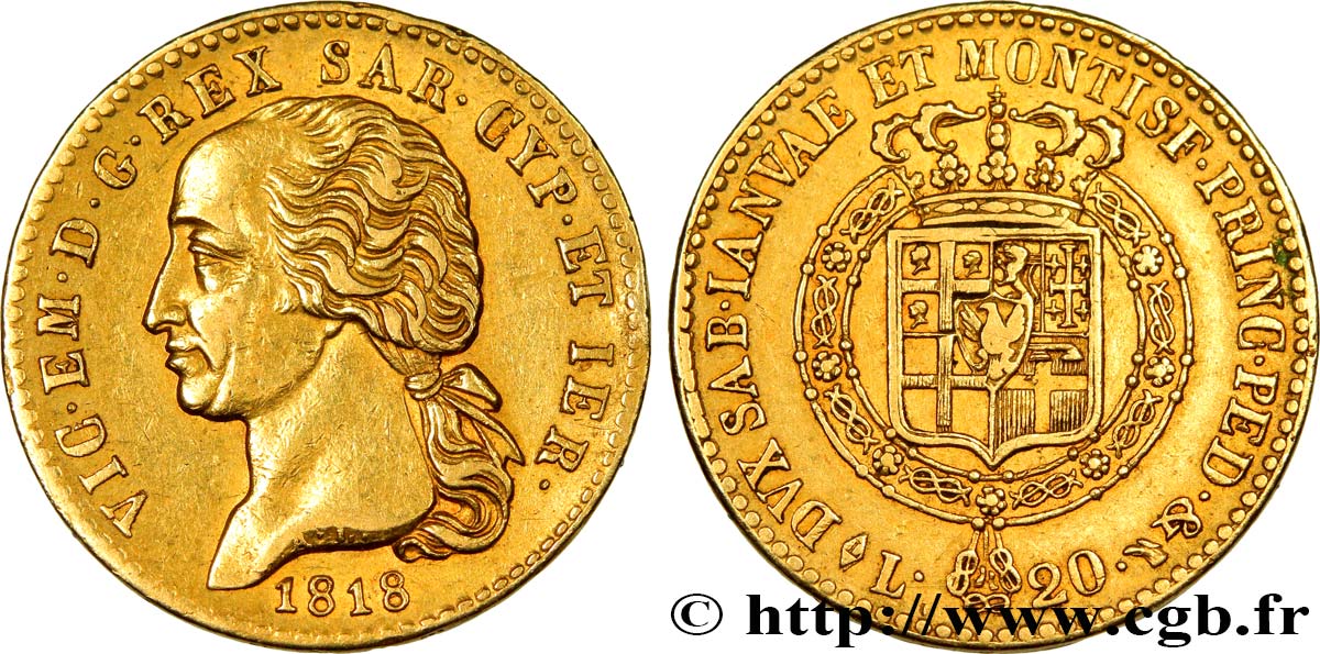 ITALY - KINGDOM OF SARDINIA - VICTOR-EMMANUEL I 20 Lire 1818 Turin AU 