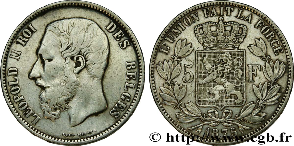 BELGIQUE 5 Francs Léopold II 1875  TB+ 