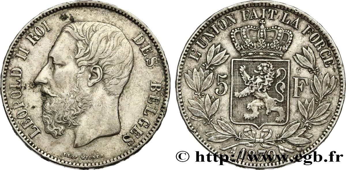 BELGIUM 5 Francs Léopold II 1870  XF 