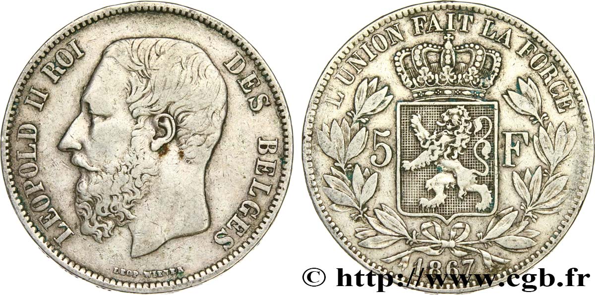 BELGIQUE 5 Francs Léopold II 1867  TB+ 