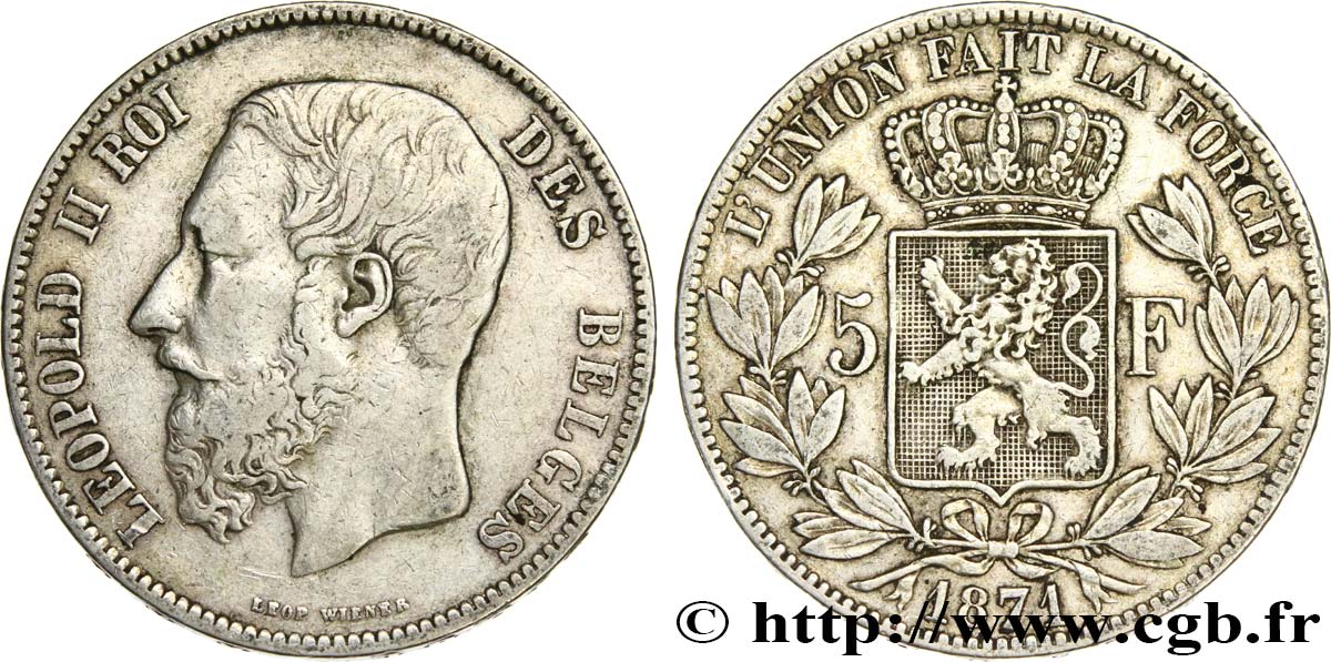 BELGIUM 5 Francs Léopold II 1871  VF 