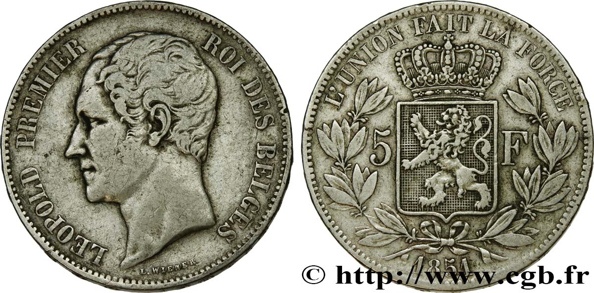 BELGIUM 5 Francs Léopold Ier tête nue 1851  XF 