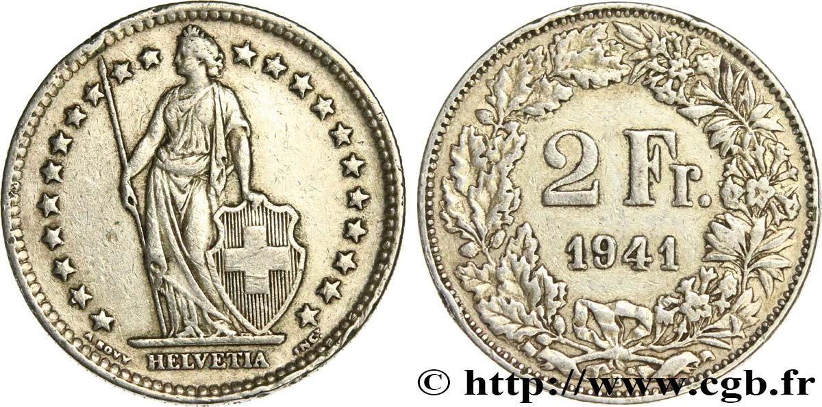 SWITZERLAND 2 Francs Helvetia 1941 Berne - B XF 