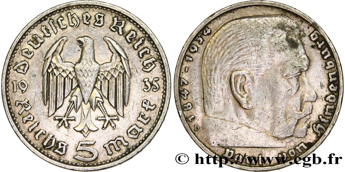 GERMANIA 5 Reichsmark Maréchal Paul von Hindenburg 1935 Munich BB 
