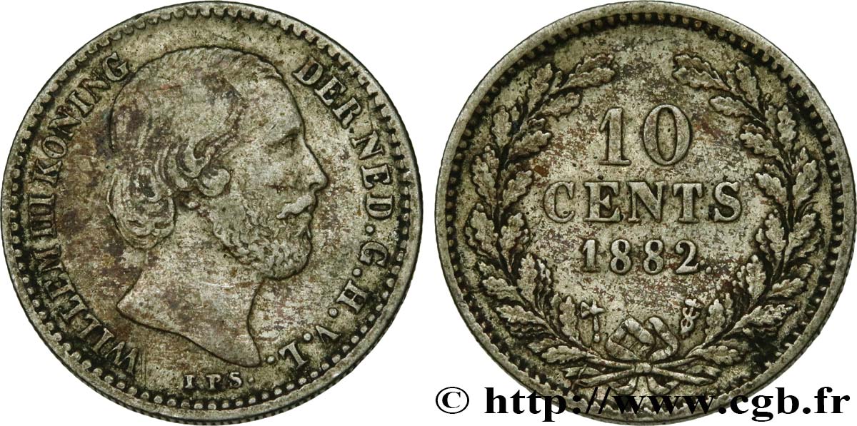 NETHERLANDS 10 Cents Guillaume III 1882 Utrecht XF 