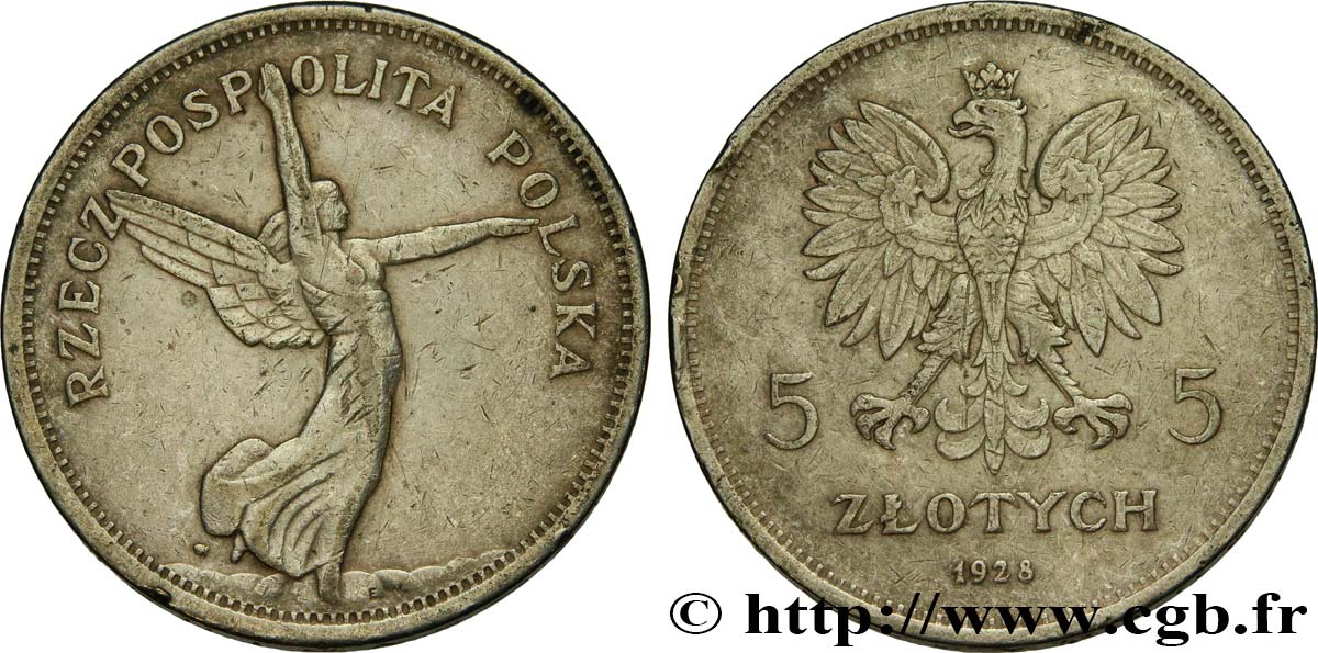 POLAND 5 Zlotych allégorie de la victoire 1928 Varsovie XF 