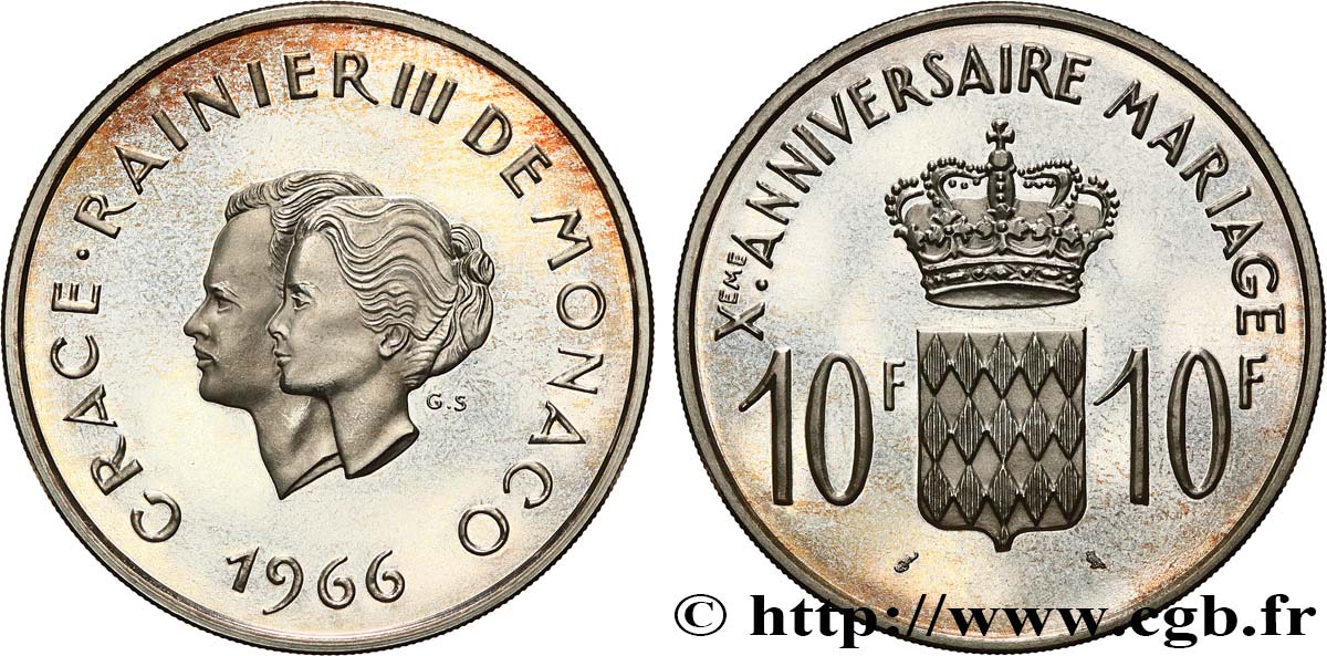 MONACO 10 Francs argent, dixième anniversaire du mariage 1966 Paris SPL 