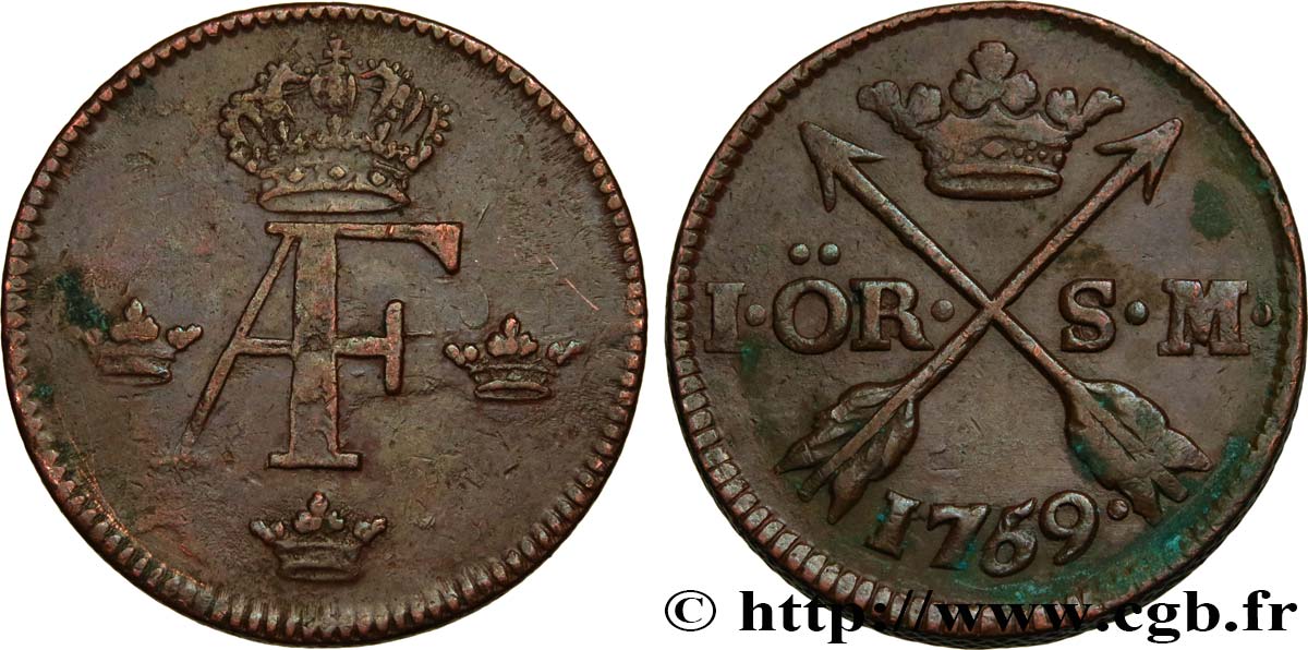 SUÈDE 1 Ore Adolphe Frédéric 1759  TB+/TTB 