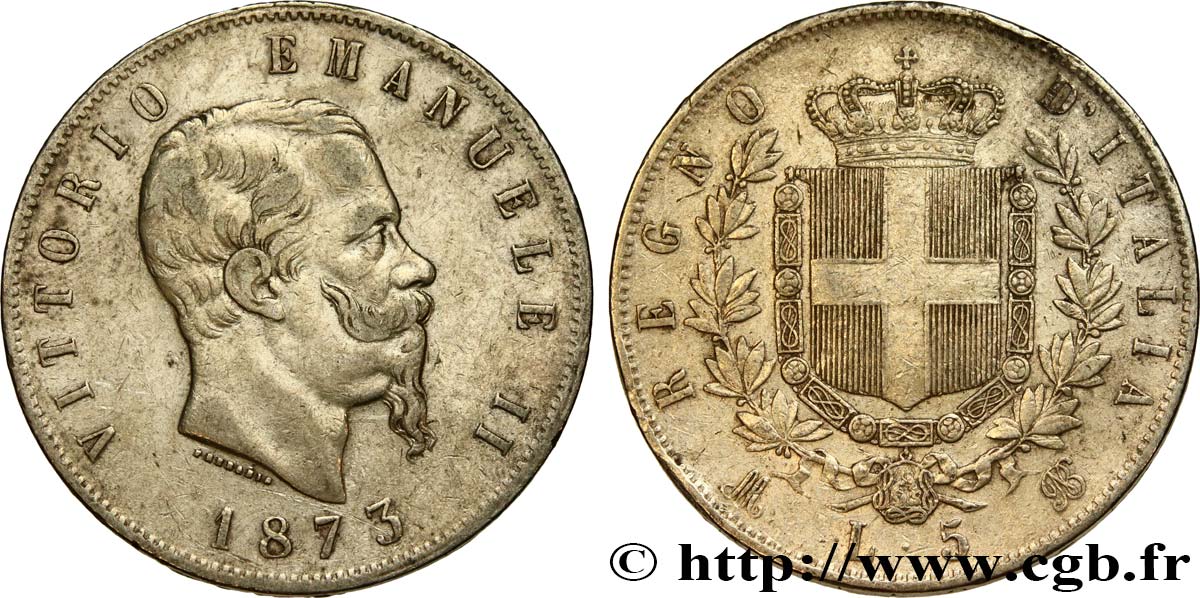 ITALIE 5 Lire Victor Emmanuel II 1873 Milan TB+ 