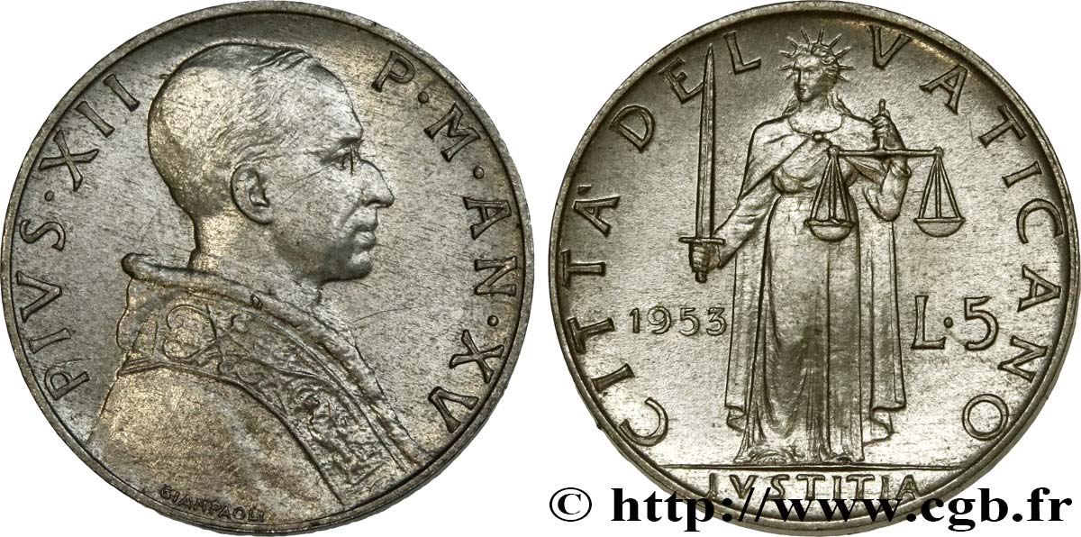 VATICAN AND PAPAL STATES 5 Lire Pie XII an XV 1953 Rome AU 