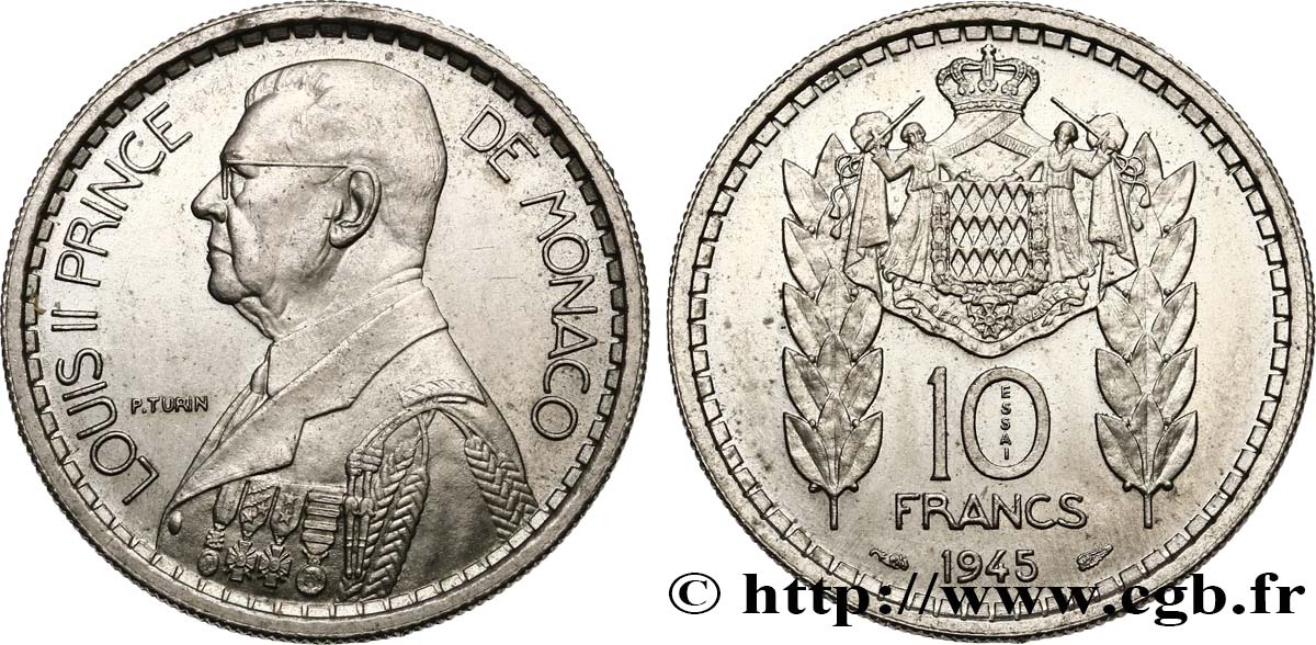 MONACO Essai de 10 Francs Louis II 1945 Paris SPL 