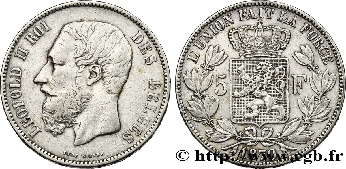 BELGIQUE 5 Francs Léopold II 1870  TB+ 