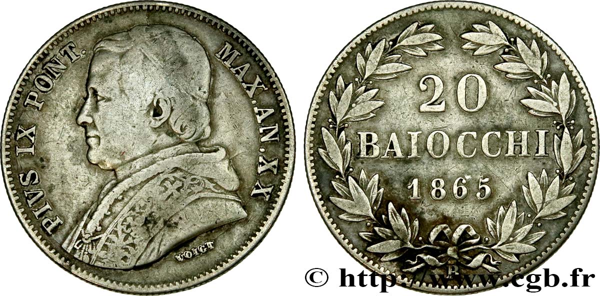 VATICAN ET ÉTATS PONTIFICAUX 20 Baiocchi Pie IX an XX 1865 Rome TB 
