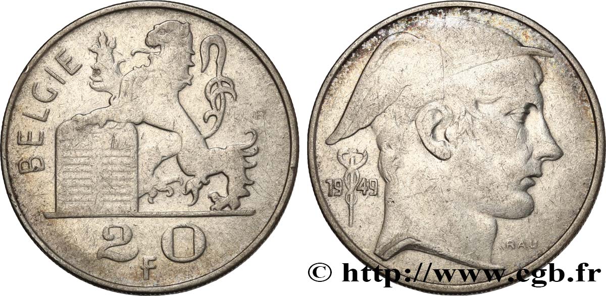 BELGIQUE 20 Francs Mercure, légende flamande 1949  TB+ 
