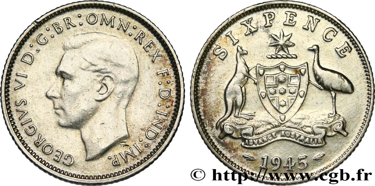 AUSTRALIA 6 Pence Georges VI 1945 Melbourne XF 