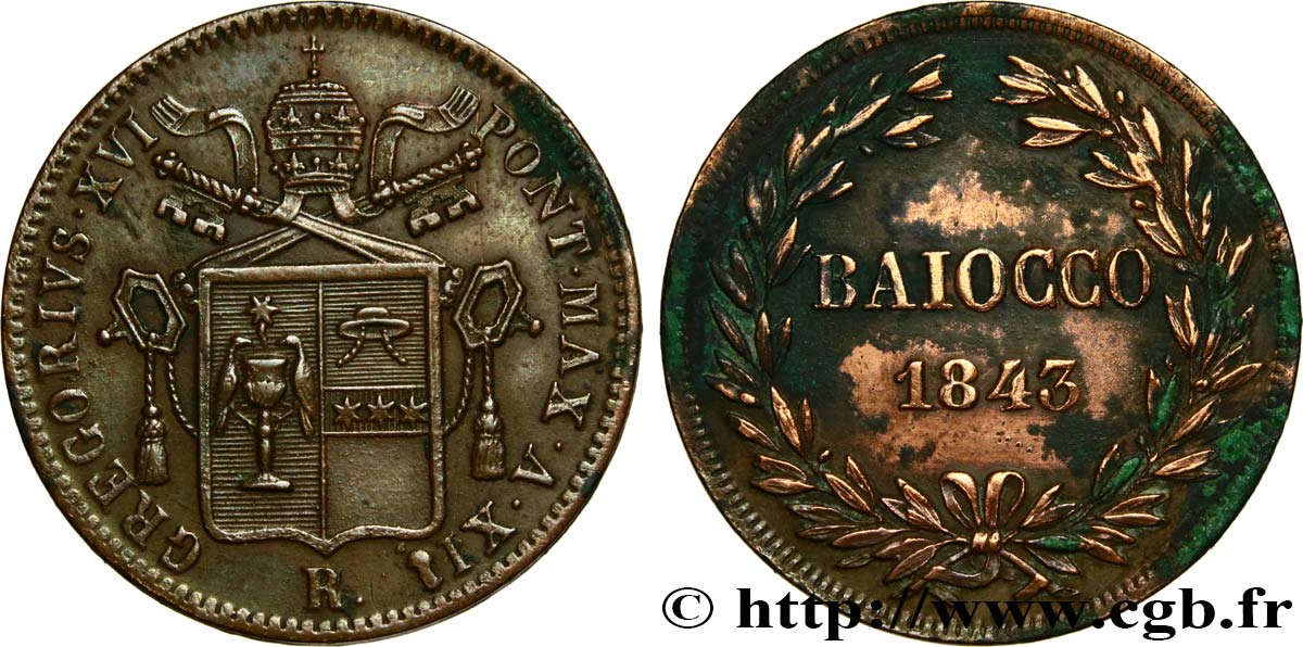 VATICAN ET ÉTATS PONTIFICAUX 1 Baiocco Grégoire XVI  an XII 1843 Rome TTB+/TTB 