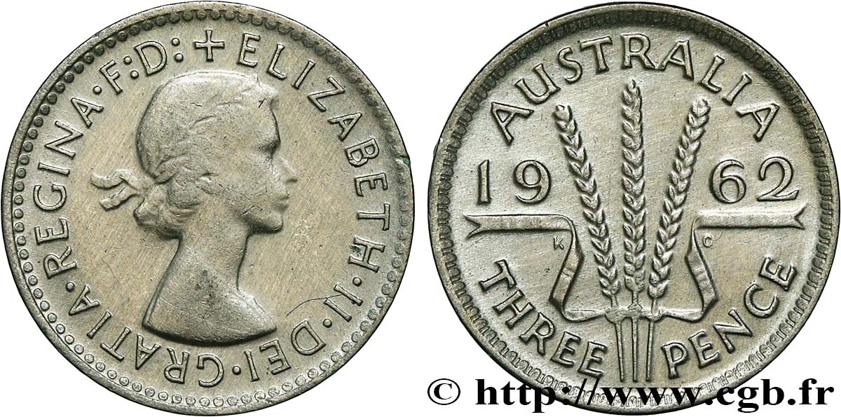 AUSTRALIE 3 Pence Elisabeth II 1962 Melbourne TTB 