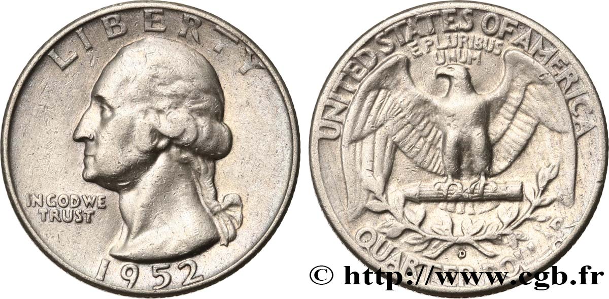 UNITED STATES OF AMERICA 1/4 Dollar Georges Washington 1952 Denver - D XF 