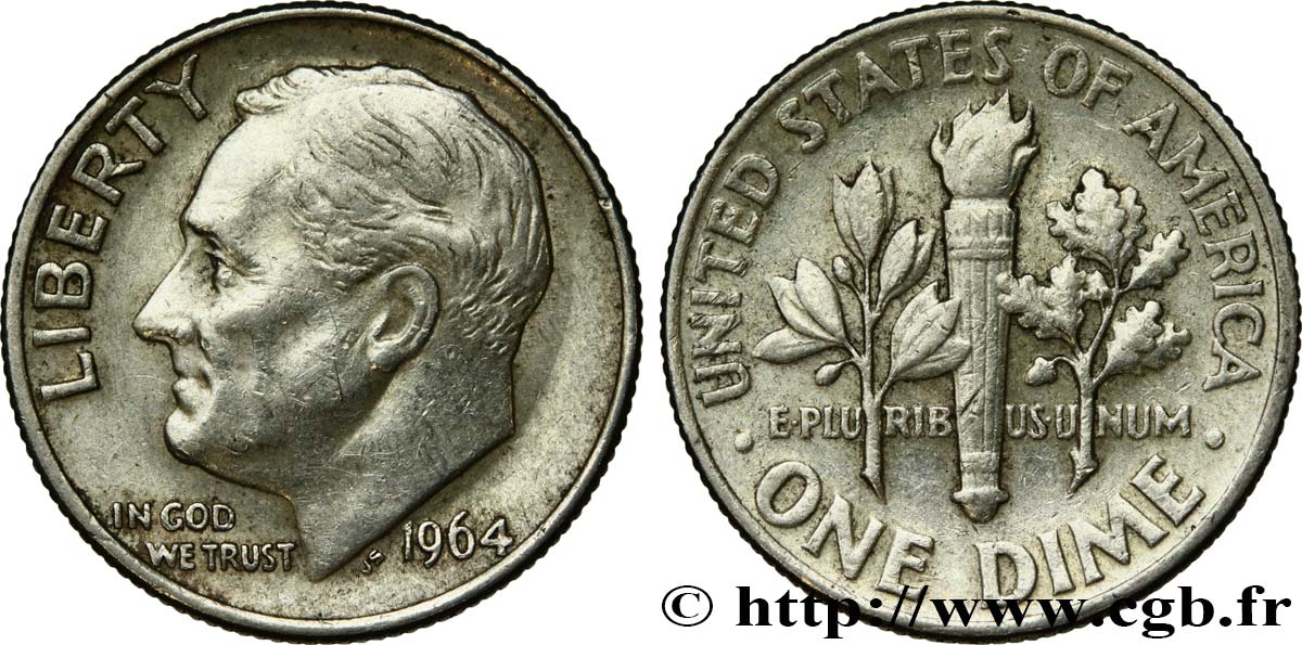 ÉTATS-UNIS D AMÉRIQUE 1 Dime (10 Cents) Roosevelt 1964 Philadelphie TTB+ 