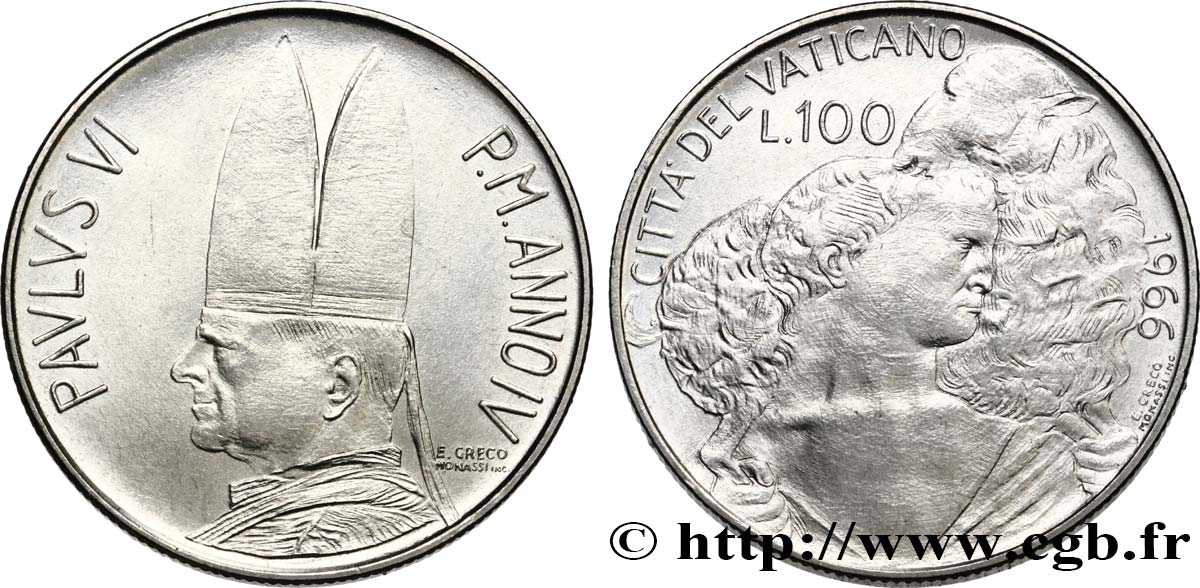 VATIKANSTAAT UND KIRCHENSTAAT 100 Lire Paul VI an IV 1966 Rome fST 