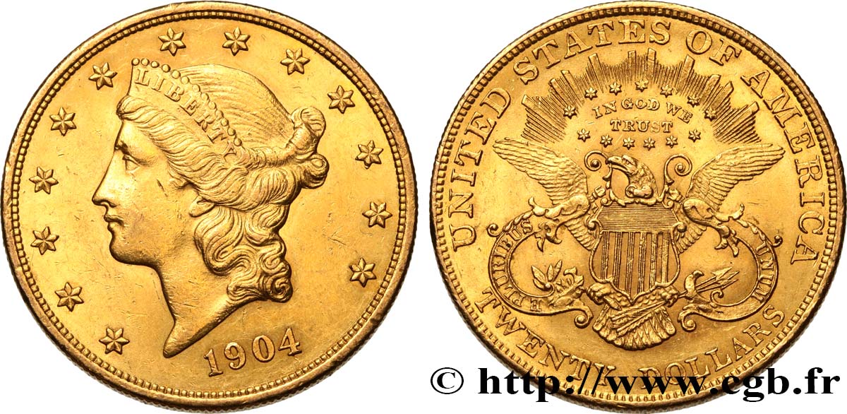 INVESTMENT GOLD 20 Dollars  Liberty  1904 Philadelphie AU 