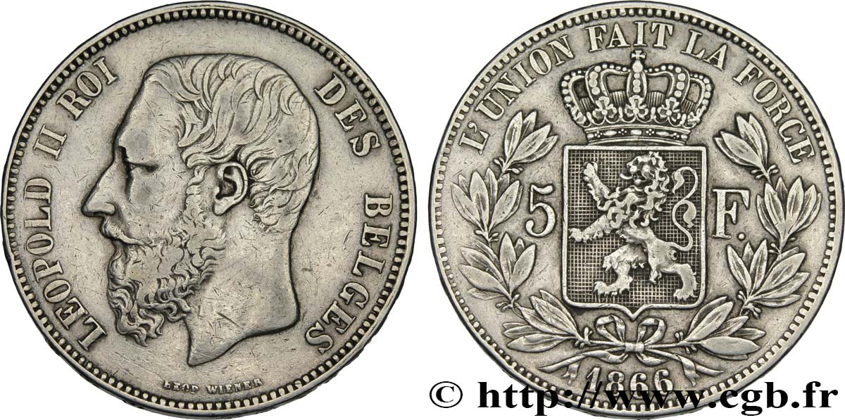 BELGIUM - KINGDOM OF BELGIUM - LEOPOLD II 5 Francs 1866  XF 