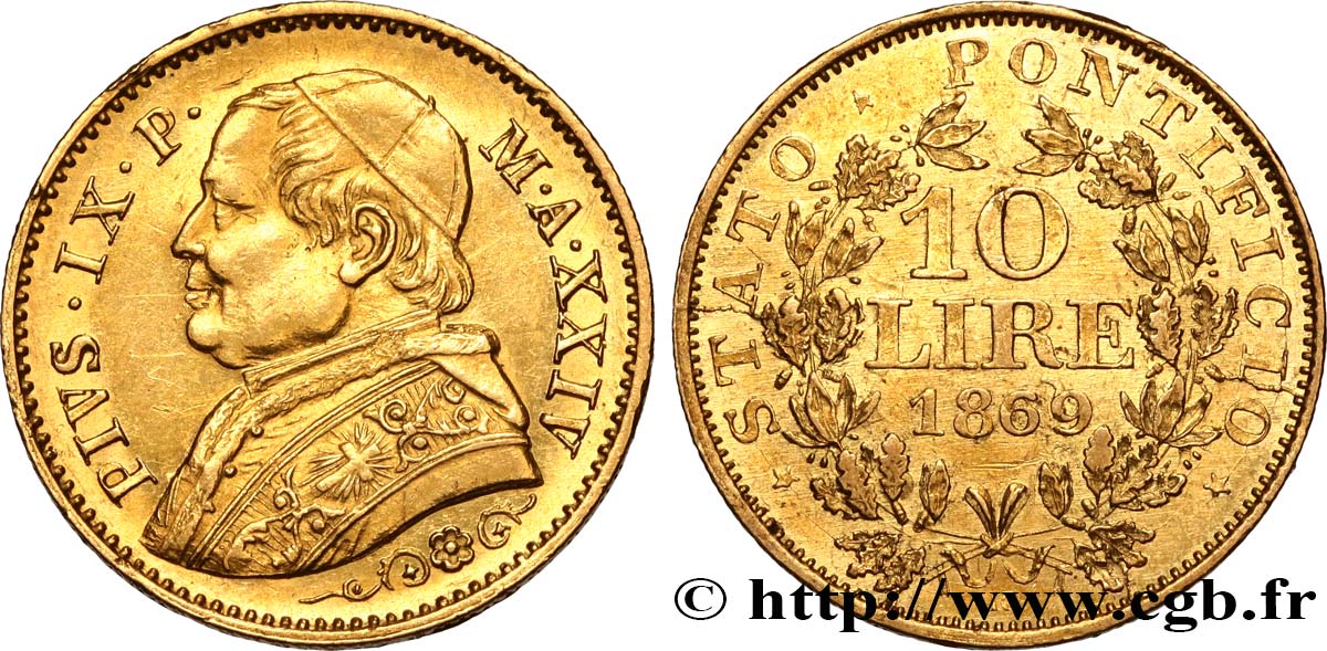 ITALY - PAPAL STATES - PIUS IX (Giovanni Maria Mastai Ferretti) 10 Lire an XIV 1869 Rome XF 