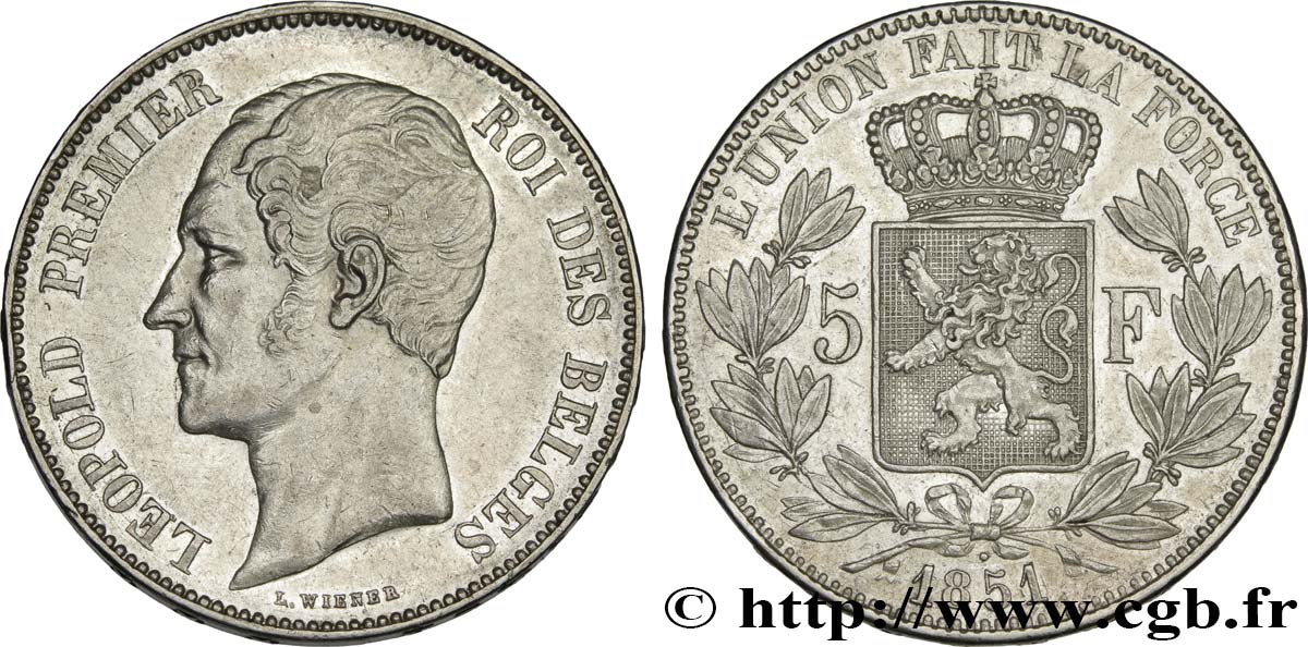 BELGIUM 5 Francs Léopold Ier tête nue 1851  AU/AU 