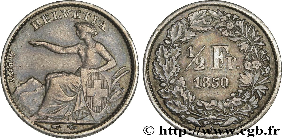 SWITZERLAND 1/2 Franc Helvetia 1850 Paris XF 