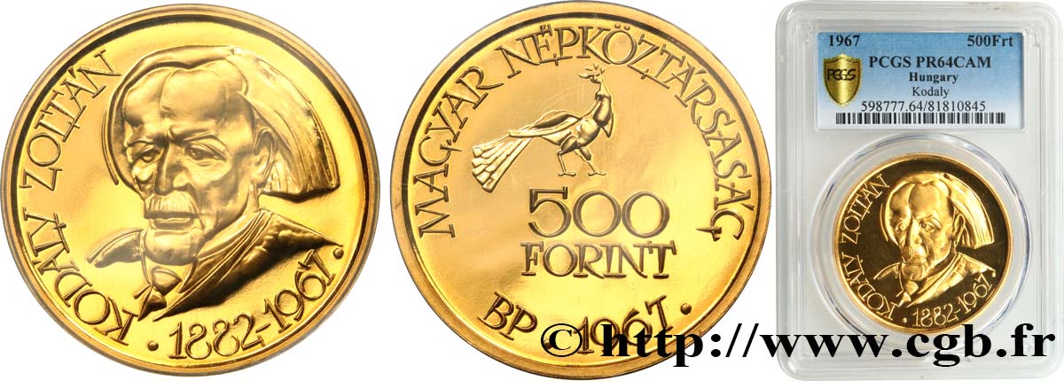 UNGHERIA 500 Forint Proof 85e anniversaire de Kodaly 1967 Budapest MS64 PCGS