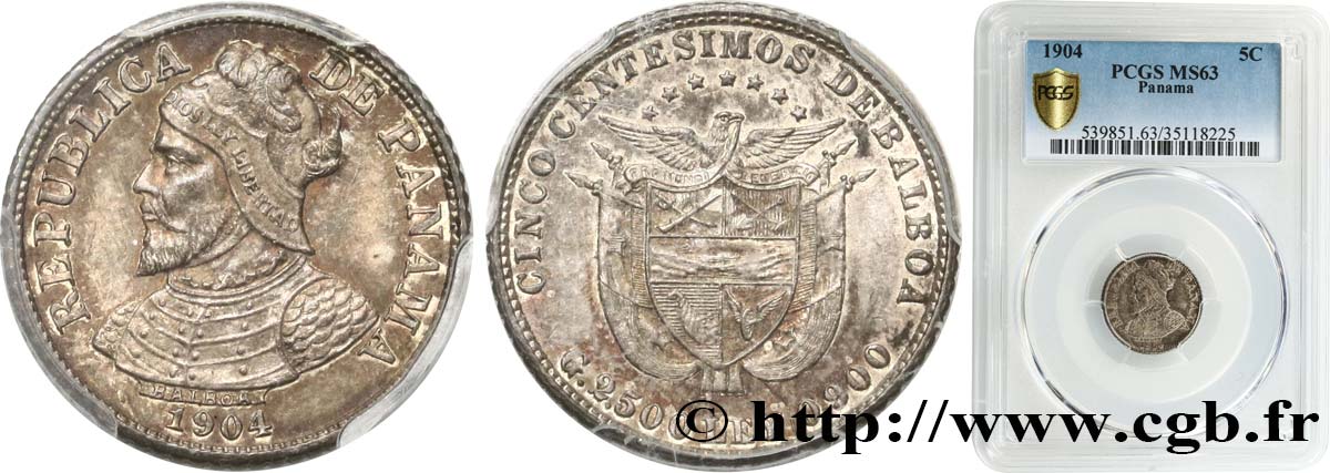 PANAMá 5 Centesimos Vasco Nunez de Balboa 1904  SC63 PCGS