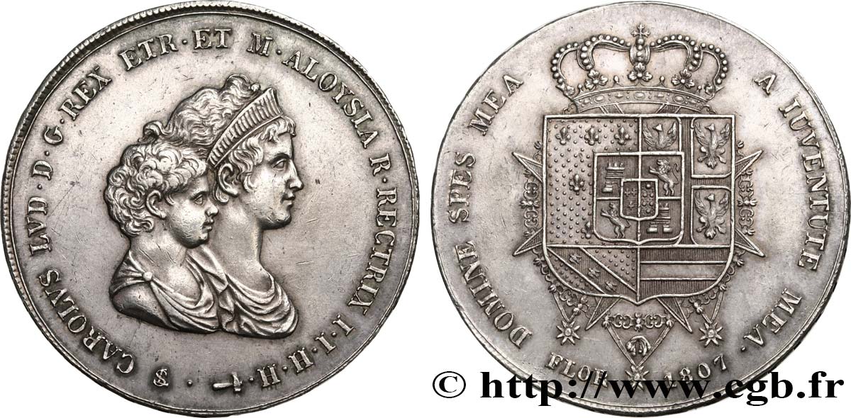 ITALIE - ROYAUME D ÉTRURIE - CHARLES-LOUIS et MARIE-LOUISE 10 Lire, 2e type 1807 Florence AU/AU 