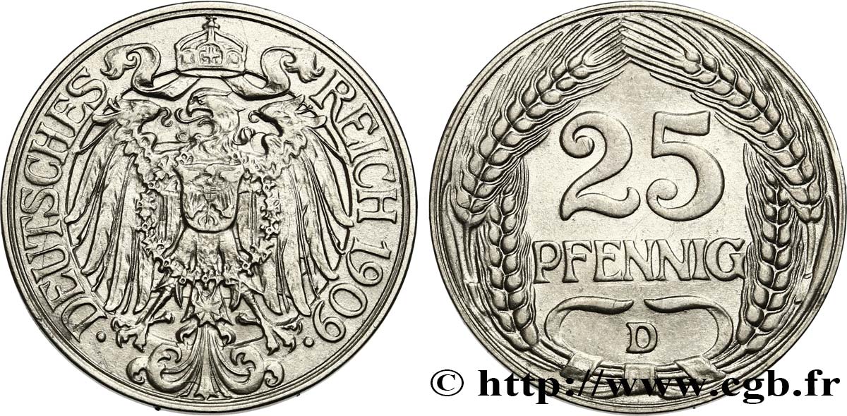 ALLEMAGNE 25 Pfennig Empire aigle impérial 1909 Munich SUP 