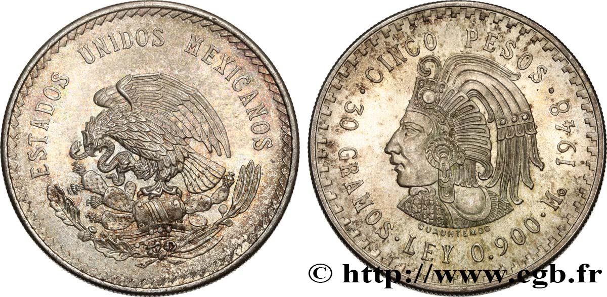 MÉXICO 5 Pesos Buste de Cuauhtemoc 1948 Mexico SC 