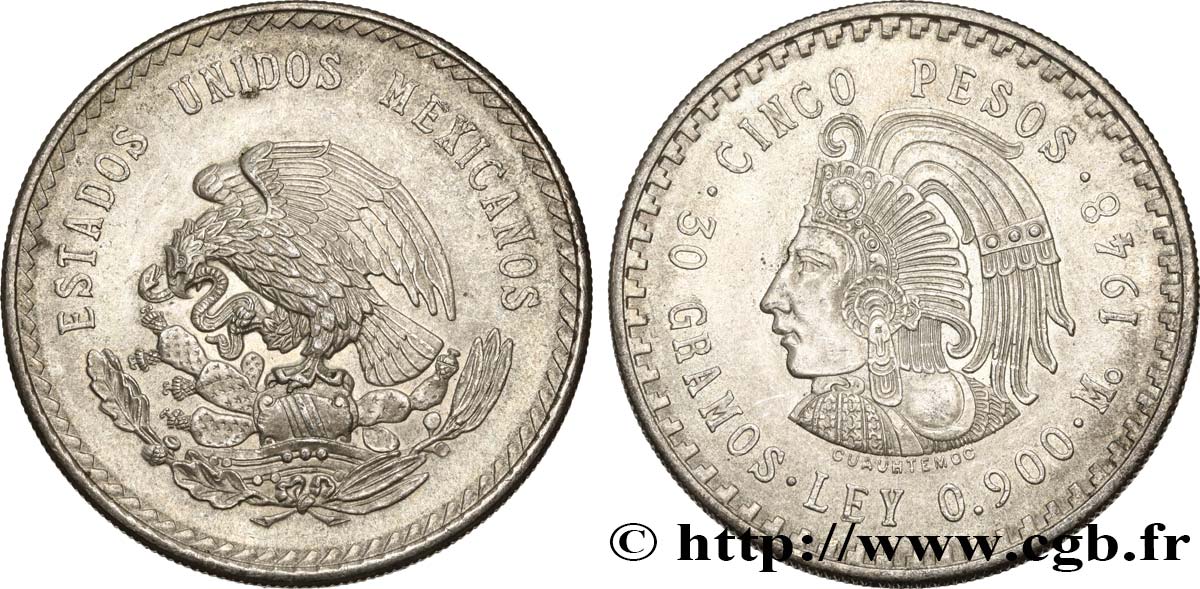 MEXIKO 5 Pesos Buste de Cuauhtemoc 1948 Mexico fST 