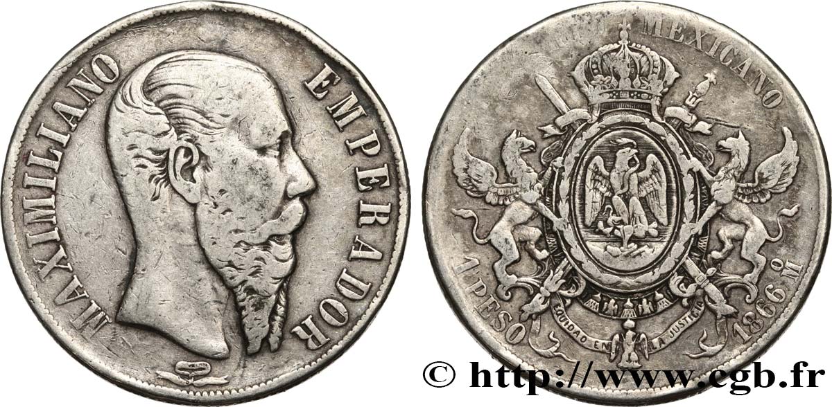 MESSICO 1 Peso Empereur Maximilien 1866 Mexico q.BB 