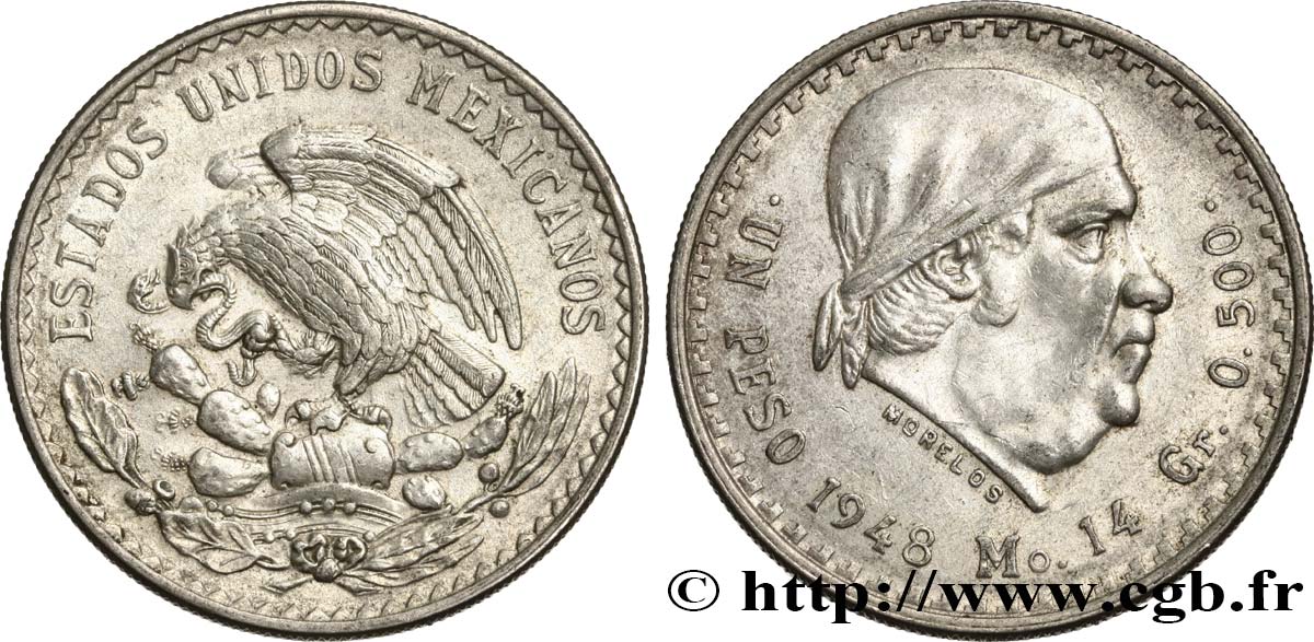MÉXICO 1 Peso Jose Morelos y Pavon 1948 Mexico MBC+ 