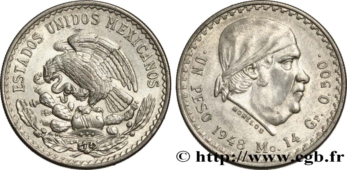 MÉXICO 1 Peso Jose Morelos y Pavon 1948 Mexico EBC 