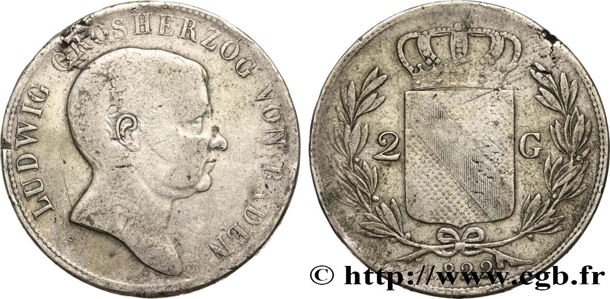 ALEMANIA - BADEN 2 Gulden Louis Ier 1822 Karlsruhe BC 