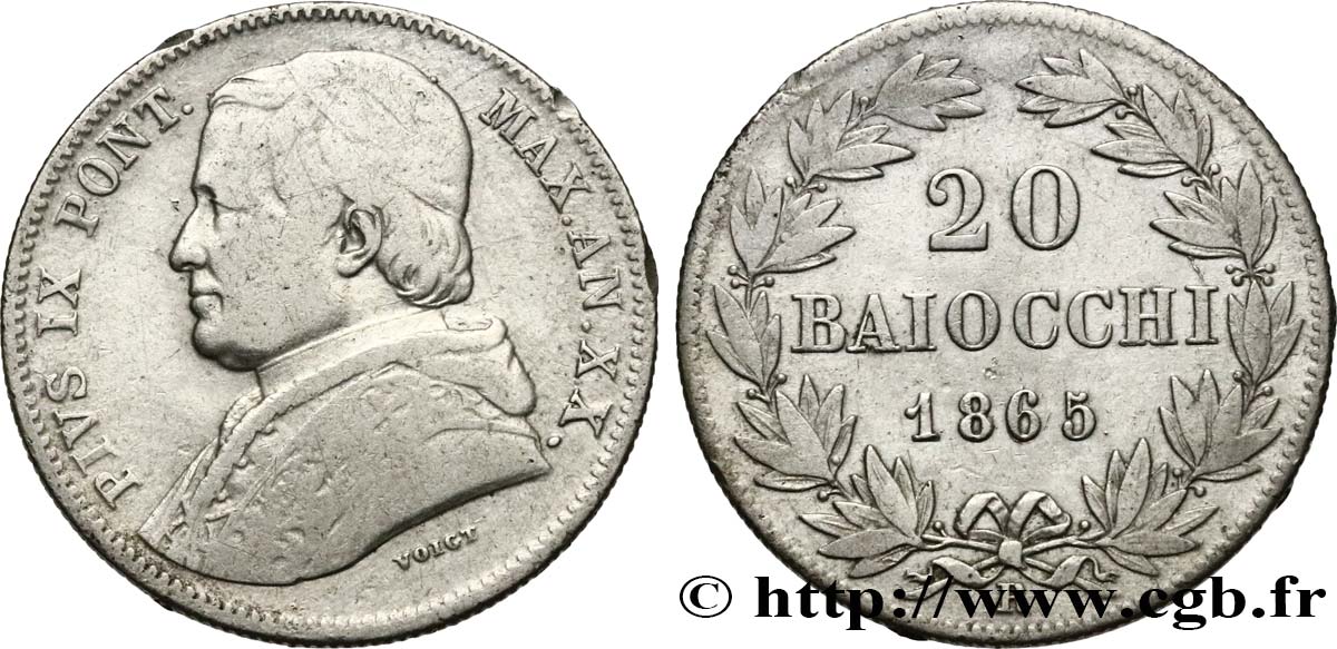 VATICAN ET ÉTATS PONTIFICAUX 20 Baiocchi Pie IX an XX 1865 Rome TB 
