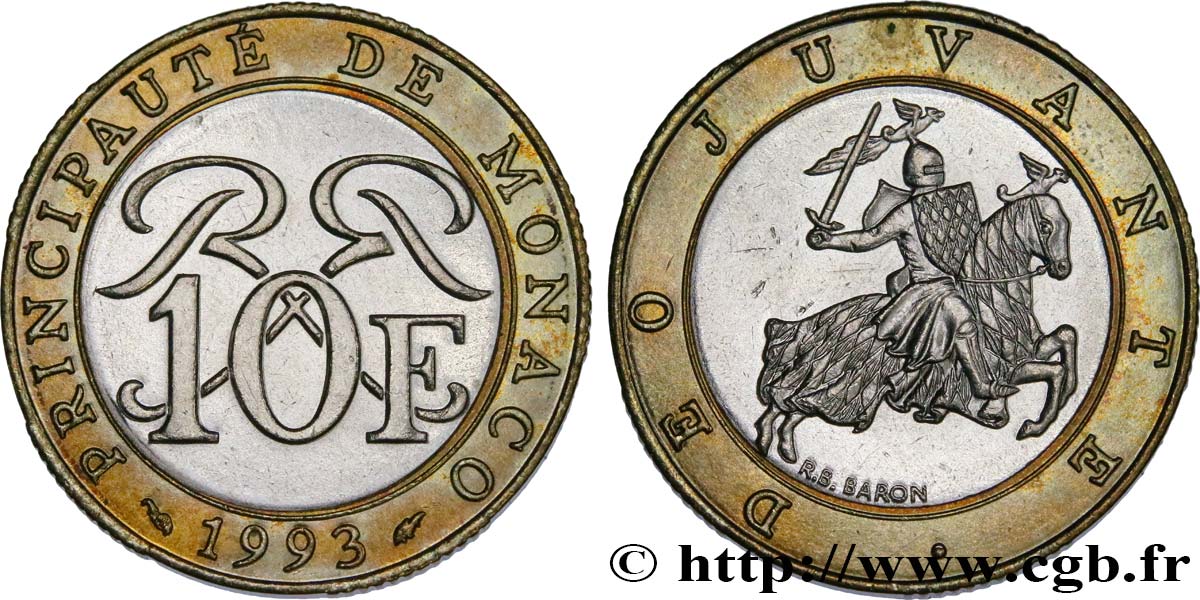 MONACO 10 Francs monogramme de Rainier III / chevalier en armes 1993 Paris EBC 