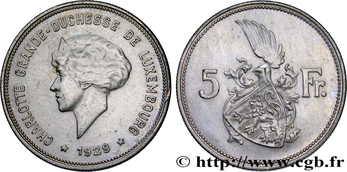 LUXEMBURG 5 Francs Grande-Duchesse Charlotte 1929  SS 