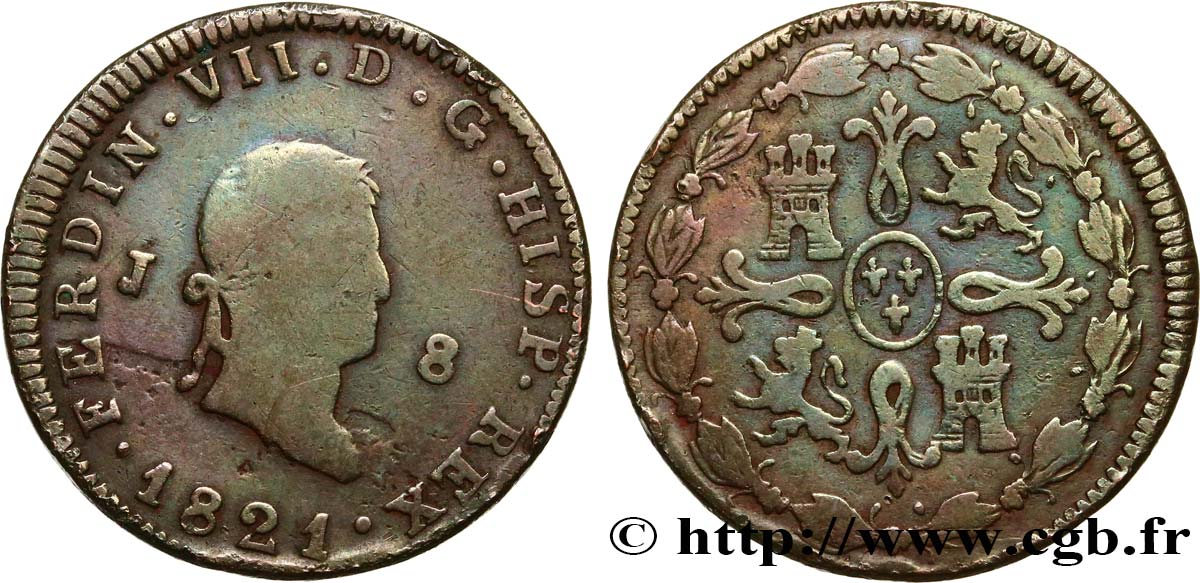 ESPAGNE 8 Maravedis Ferdinand VII 1821 Jubia TB 