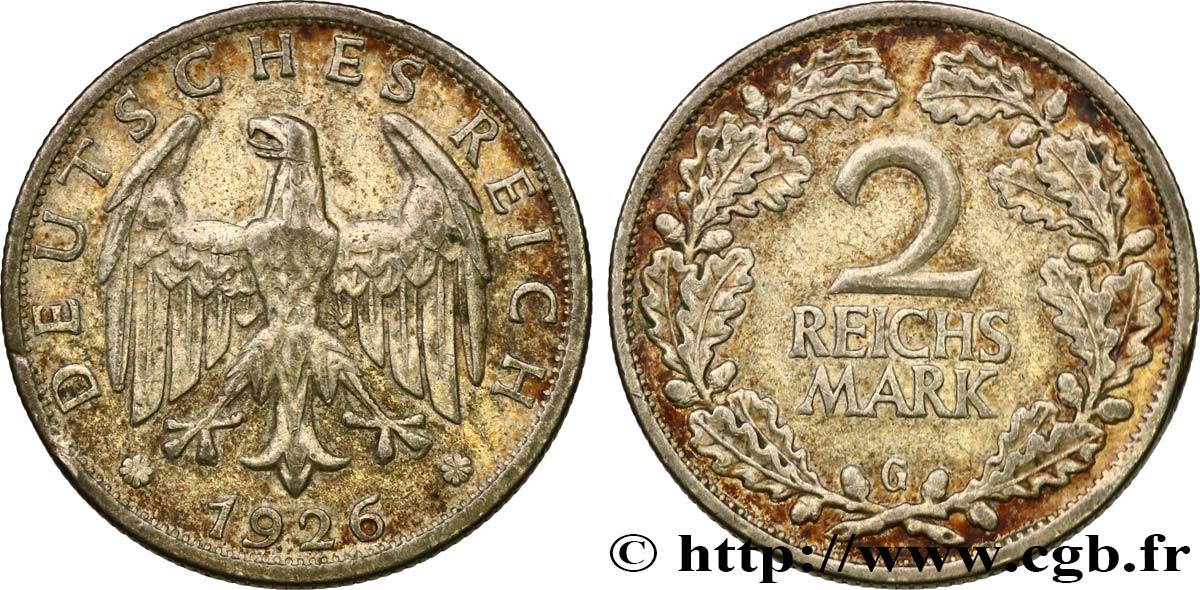 GERMANY 2 Reichsmark aigle 1926 Karlsruhe - G XF 