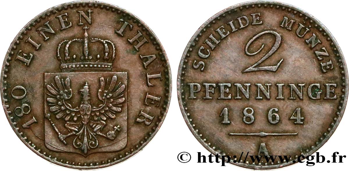 ALLEMAGNE - PRUSSE 2 Pfenninge Royaume de Prusse écu à l’aigle 1864 Berlin TTB 