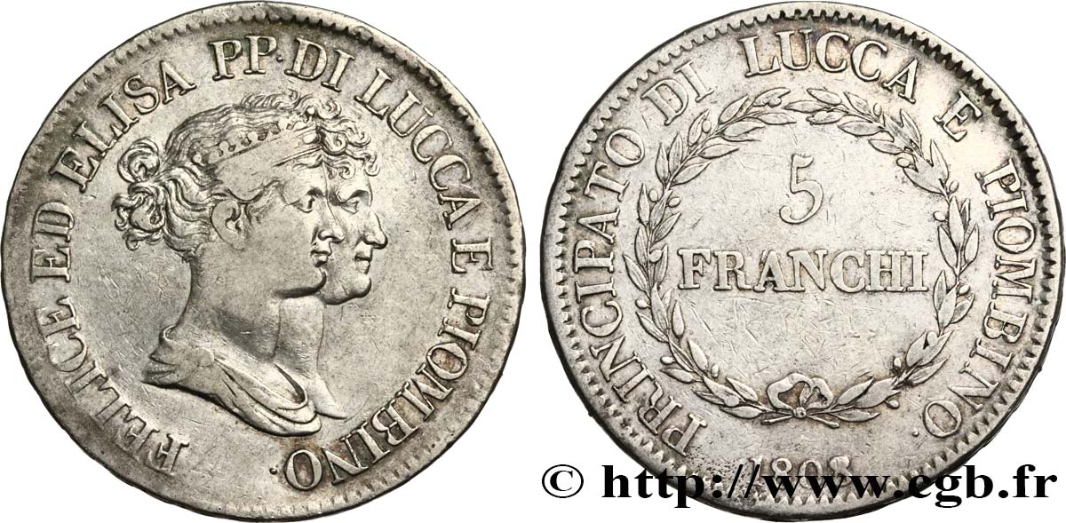 ITALY - PRINCIPALTY OF LUCCA AND PIOMBINO - FELIX BACCIOCHI AND ELISA BONAPARTE 5 Franchi 1808 Florence VF 