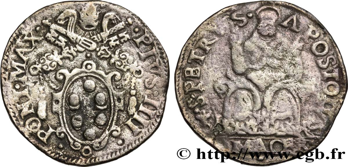 ITALY - PAPAL STATES - PIUS IV (Giovanni Angelo Medici) Teston N.D. Macerata VF 