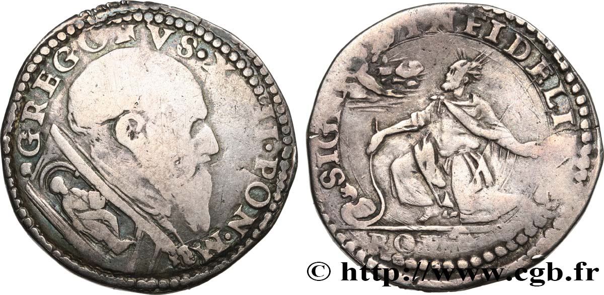 ITALIE - ÉTATS DU PAPE - GRÉGOIRE XIII (Ugo Boncompagni) Teston N.D. Rome TB 